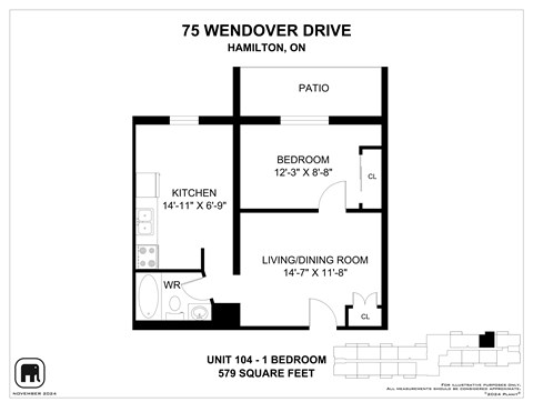 A floor plan for a 1 bedroom unit at 75 Wendover Drive, Hamilton, ON.